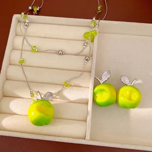 Fresh Sweet Resin Apple Jewelry Set Double Layer Beaded Zirconia Pendant Necklace Earrings Women Fashion Jewelry
