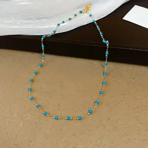 Bohemian retro gold necklace with blue crystal beads, exquisite fashion collarbone chain.