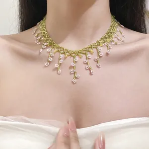 Elegant French style lace beaded fringe choker necklace for women wearing white dress