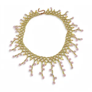 Elegant gold beaded lace necklace with pink flower tassels in French vintage style