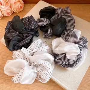 French Double Layer Fabric Hair Scrunchie Polka Dot Stripe High Elastic Ponytail Holder Fashion Hair Accessories For Women Elegant Hair Rope