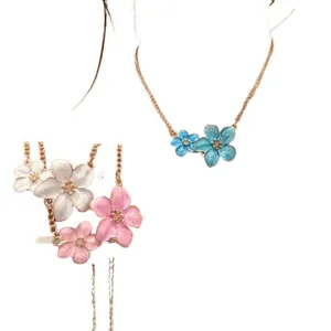 Elegant adjustable necklace featuring colorful enamel flower pendants in blue and pink.