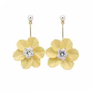 Elegant yellow flower drop earrings with pearl and crystal center, silver needle studs