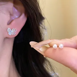 Elegant Butterfly And Artificial Pearl Stud Earrings Set Silver Plated Alloy Rhinestone Inlaid Niche Design Exquisite Ear Jewelry