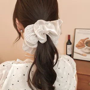 Elegant white satin and polka dot mesh double-layer scrunchie for oversized hair buns