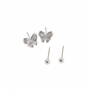 Elegant silver butterfly and pearl stud earring set for women's sophisticated daily wear