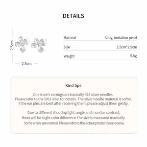 Detailed size and material specifications for silver flower pearl stud earrings.