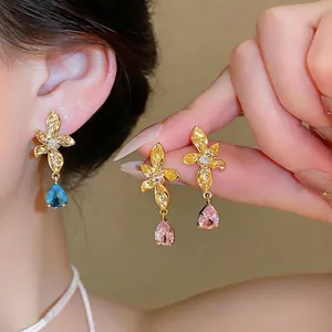 18K Gold Plated Copper Zirconia Flower Stud Earrings For Women Elegant 925 Sterling Silver Earring Post Pink Blue Jewelry
