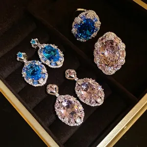 Anello Aperto Vintage di Lusso con Zirconia Ovale Anello Geometrico in Rame Placcato Argento Rosa Blu Gioielli per Donna