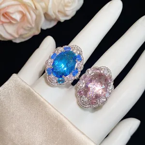 Anelli di lusso vintage in zircone ovale con alone in blu zaffiro e rosa champagne