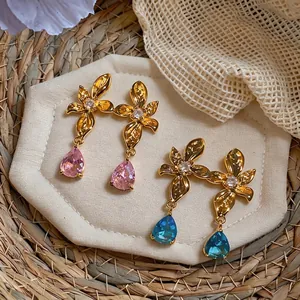 Elegant 18k gold plated flower stud earrings with pink and blue teardrop zircon stones