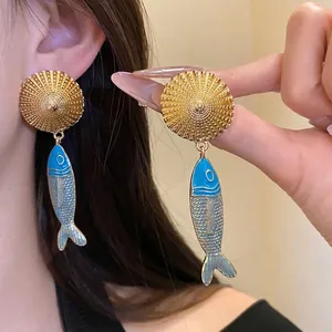 Vintage Ethnic Goldfish Drop Earrings for Women Gold Round Stud Blue Enamel Fish Pendant Jewelry Gift