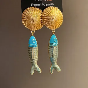 Vintage enamel fish drop earrings with pleated gold-tone studs for women