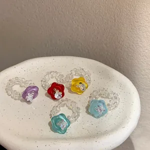 Korean Handmade Resin Flower Button Beaded Ring Niche Design Sweet Transparent Bead Finger Ring With Rhinestone For Women Jewelry Gift