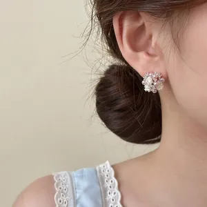 Elegant Flower Cluster Stud Earrings with Artificial Pearl and Rhinestone Light Luxury Floral Ear Jewelry for Women White Purple