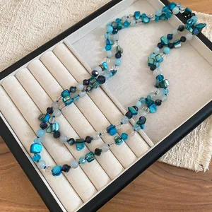 Blue sea shell and pearl beaded necklace for summer beach vacation style