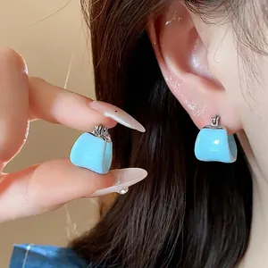 Elegant light blue U-shaped enamel hoop earrings for women stylish high-end fashion jewelry