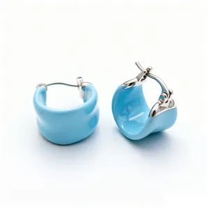 Elegant sky blue enamel U-shaped hoop earrings with silver-tone hardware for women