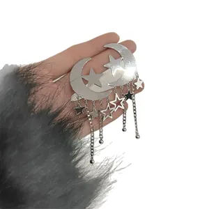 Elegant silver needle moon and star tassel earrings with celestial dangling chains for women