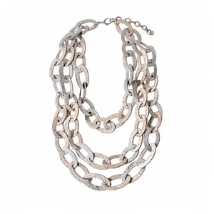 Elegant triple-layered necklace featuring textured oval links in silver and rose gold tones