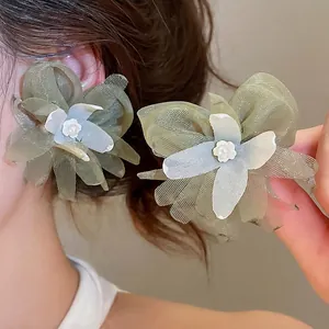 Sweet Green Mesh Flower Stud Earrings For Women Handmade Tulle Floral Artificial Pearl Summer Vacation Fresh Style Jewelry Gift