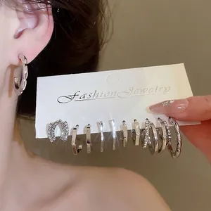 Fashion Simple Alloy Rhinestone Geometric Polygonal Stud Earrings Set Silver Color Earring Jewelry For Women Daily Commute