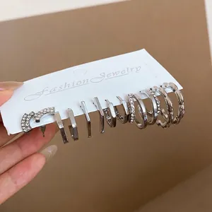Elegant 6-pair silver geometric rhinestone earring set for women's chic daily fashion look