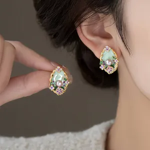 Vintage Palace Enamel Flower Pearl Stud Earrings Monet Garden Oil Painting Style Floral Alloy Jewelry For Women Gift