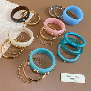 Women Bohemian Resin Bangle Bracelet Collection Gold Silver Plated Alloy Artificial Pearl Starfish Geometric Jewelry