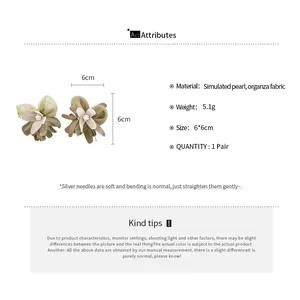 Detailed specifications for green organza flower earrings with simulated pearls