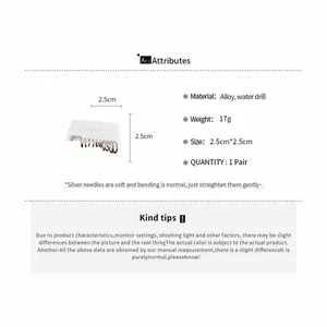 Detailed specifications of rhinestone geometric earring set with material and size info.
