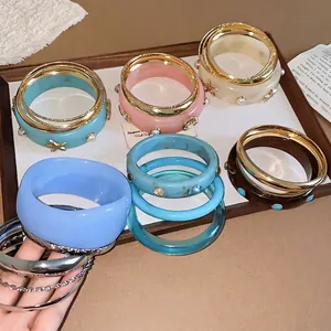 Resin pearl starfish bangle set with minimalist design for women's hand jewelry