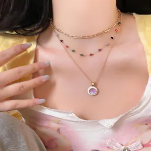 Multilayer Alloy Rhinestone Oval Pendant Necklace Colorful Enamel Ethnic Style Clasp Chain Jewelry For Women Gift