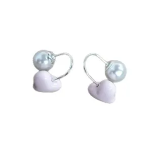 Elegant pink heart and pearl front-to-back stud earrings for a trendy feminine look