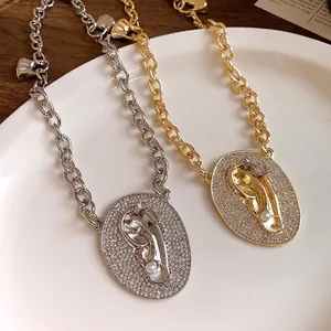 Luxury Alloy Zirconia Artificial Pearl Oval Ear Pendant Necklace For Women Overstated Clavicle Chain Fashion Jewelry