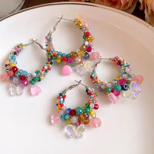 Elegant bohemian colorful crystal beaded hoop earrings with acrylic butterfly charms