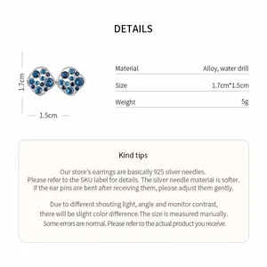 Product specifications for hollow square earrings with blue crystals and silver needles.
