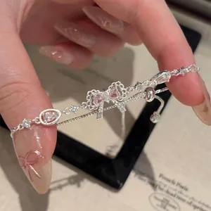Pink Zirconia Bowknot Pendant Bracelet For Women Sweet Minimalist Copper Adjustable Bracelet Light Luxury Fashion Jewelry Gift