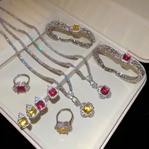 Luxurious square zircon jewelry set with necklace bracelet and open rings