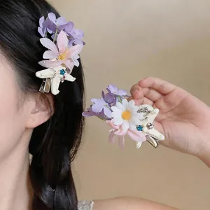 French Style Floral Fabric Hair Clip With Shell Starfish Artificial Pearl Elegant Duckbill Clip For Women Vacation Hair Accessories