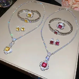 Exquisite square zircon jewelry set with necklaces, bracelets, and rings in yellow and red stones.