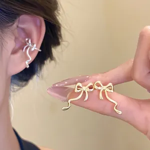 Fashion Bowknot Clip On Ear Cuff Earrings For Women No Piercing Minimalist Alloy Bow Ear Cuff Jewelry Gold Silver Earrings