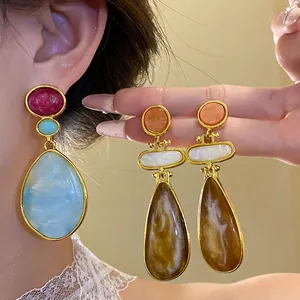 Vintage Resin Water Drop Earrings Gold Plated Geometric Marble Texture Dangle Earrings With Silver Earring Post For Women