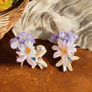 Elegant French style floral duckbill hair clips with starfish and shell fabric ornaments