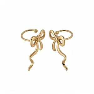 Elegant gold bow ribbon ear cuffs for non-pierced ears, stylish fashion jewelry