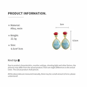 Product detail showing vintage resin teardrop earrings with dimensions and material info.