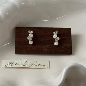 French style romantic oval pearl and zircon stud earrings with silver needle post