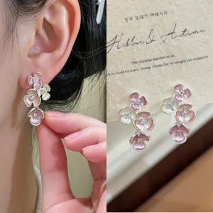 Sweet Fresh Gradient Drip Glaze Flower Stud Earrings For Women Alloy Rhinestone Floral Elegant Gentle Temperament Jewelry Accessories