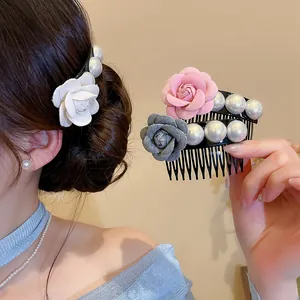 French Elegant Fabric Flower Hair Stick For Women Artificial Pearl Camellia Rose Hairpin Fashion Hair Accessories
