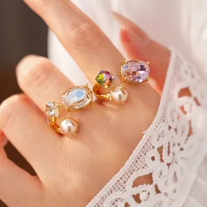 Luxury Alloy Zirconia Artificial Pearl Open Ring For Women Niche Design Personalized Temperament Oval Inlaid Adjustable Ring